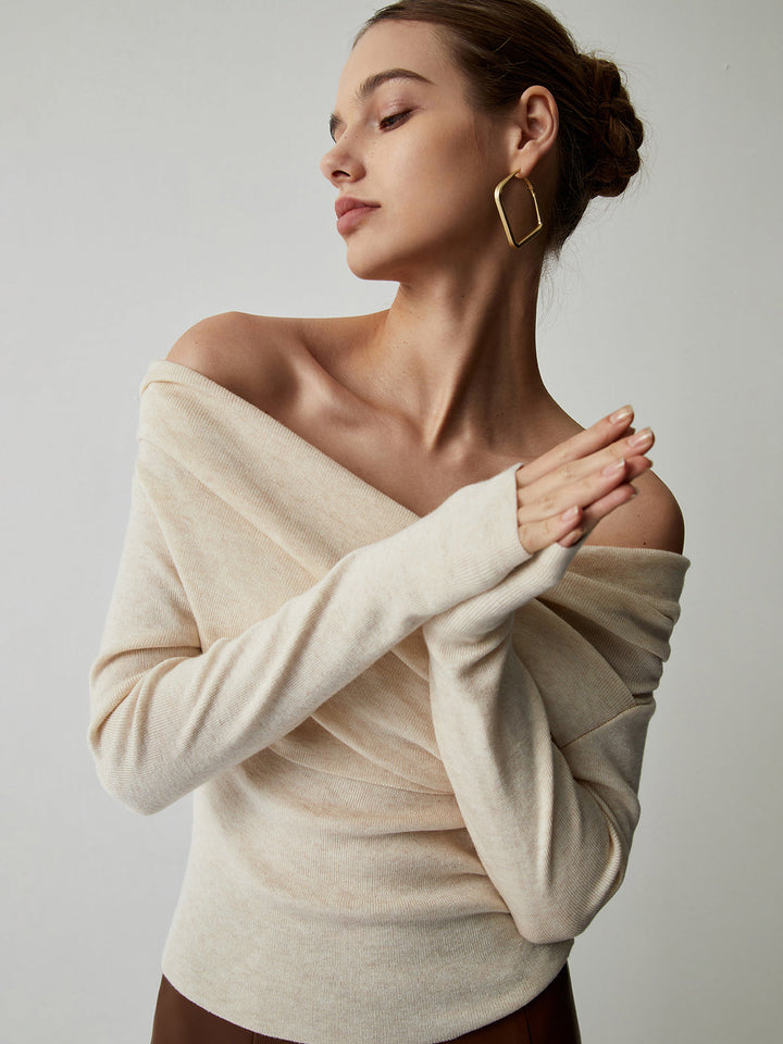 Celeste | Draped Wrap Knit Long Sleeve Off Shoulder Top