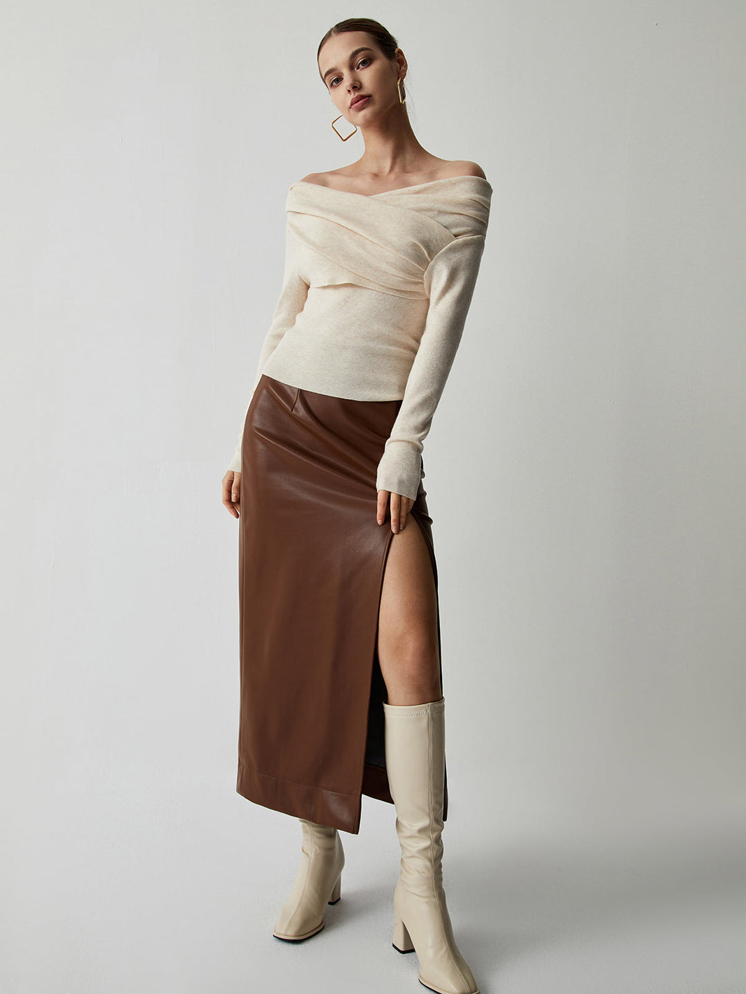 Celeste | Draped Wrap Knit Long Sleeve Off Shoulder Top