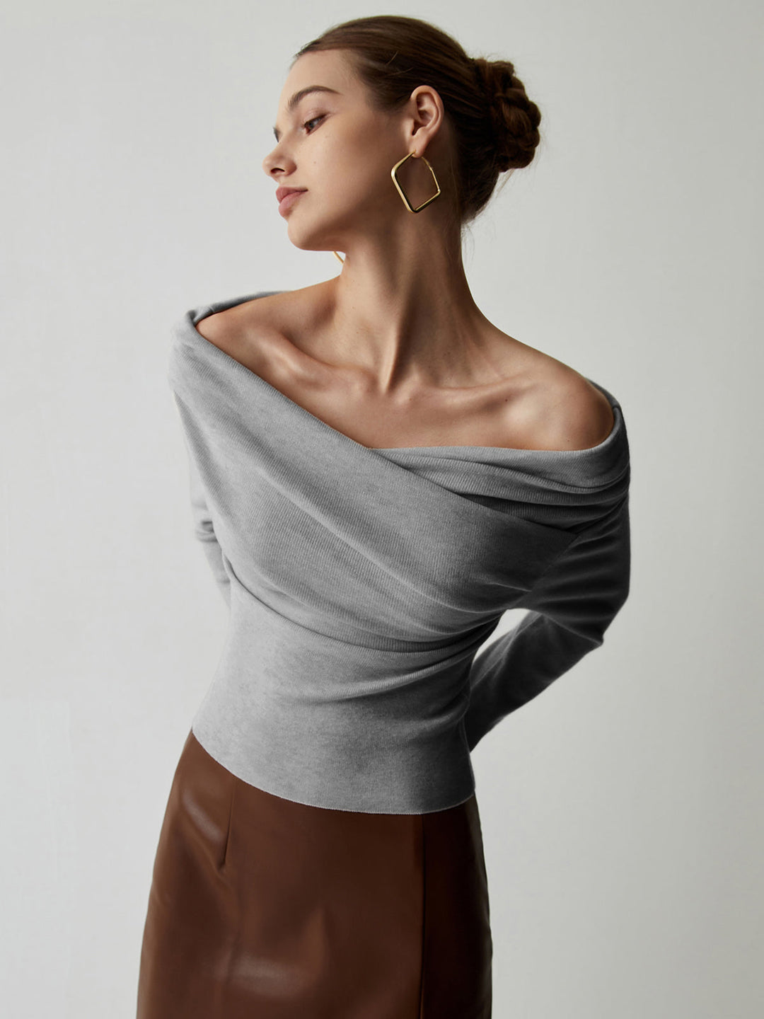 Celeste | Draped Wrap Knit Long Sleeve Off Shoulder Top