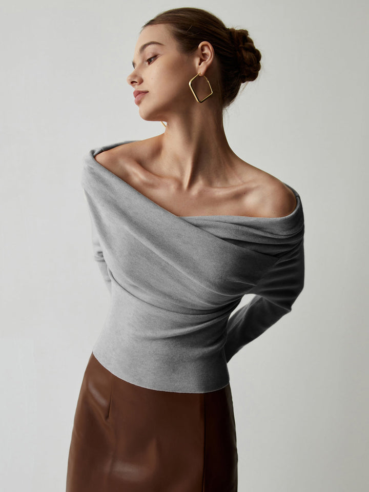 Celeste | Draped Wrap Knit Long Sleeve Off Shoulder Top