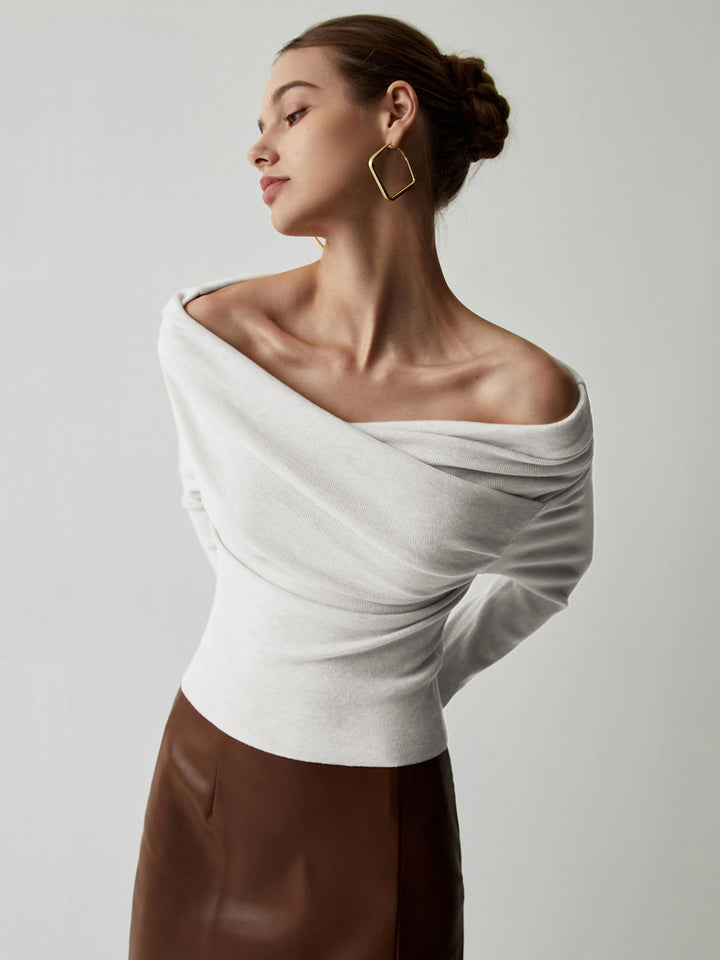 Celeste | Draped Wrap Knit Long Sleeve Off Shoulder Top