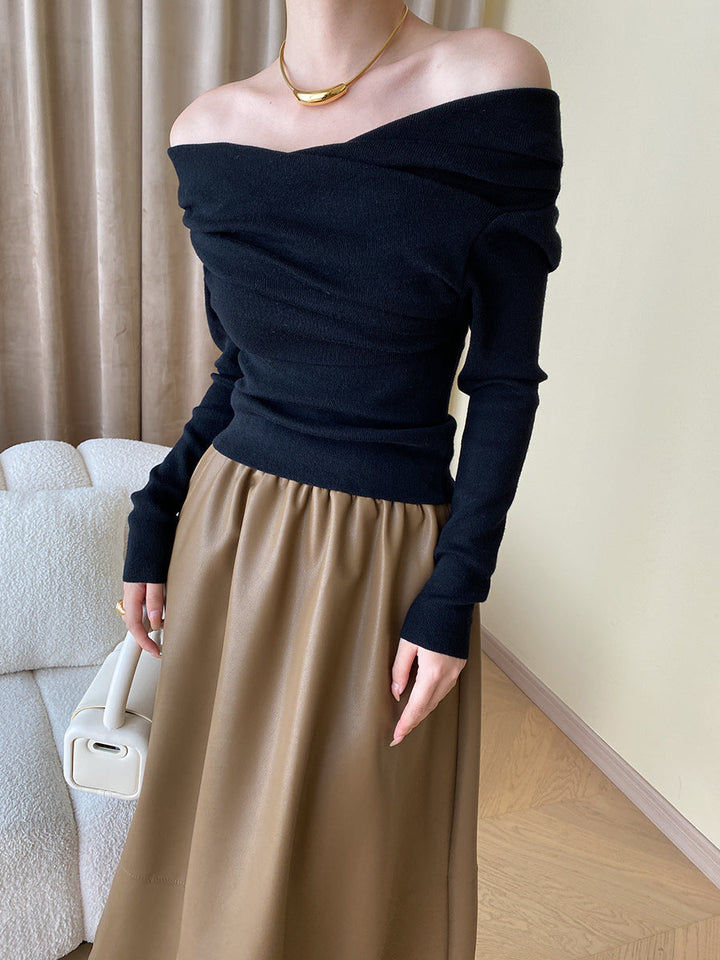 Celeste | Draped Wrap Knit Long Sleeve Off Shoulder Top