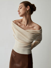 Celeste | Draped Wrap Knit Long Sleeve Off Shoulder Top