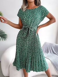 Clover | Ditsy Floral Belted Womens Pleated Midi Dress