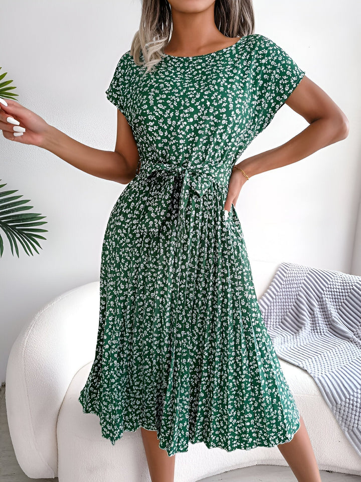 Clover | Ditsy Floral Belted Womens Pleated Midi Dress