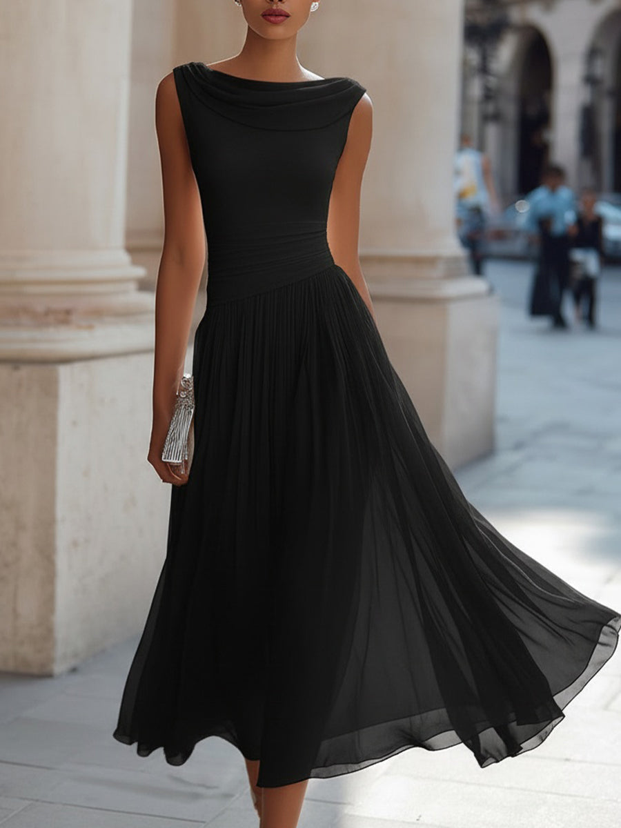 Evangeline | Draped Cowl-Neck Womens Pleated Midi Dress