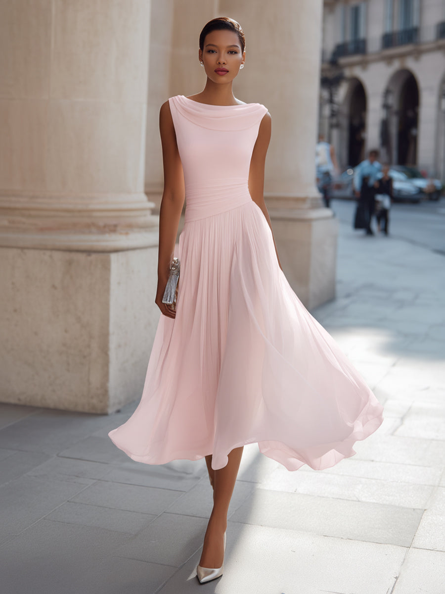 Evangeline | Draped Cowl-Neck Womens Pleated Midi Dress