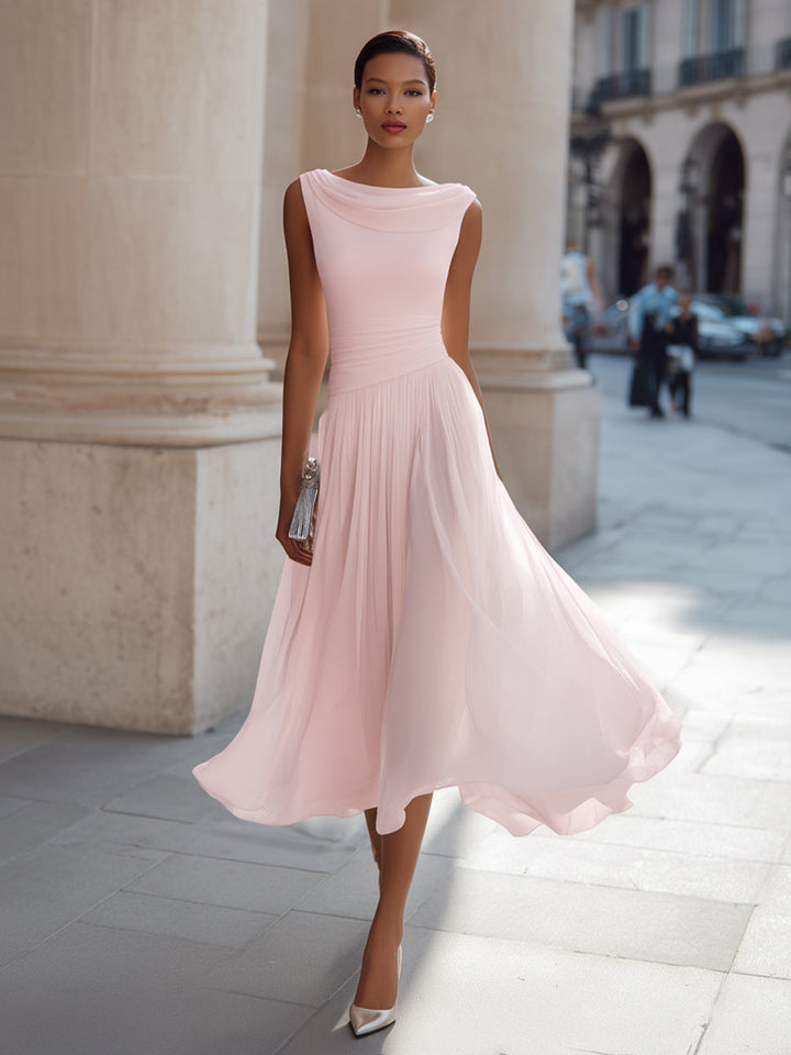 Evangeline | Draped Cowl-Neck Womens Pleated Midi Dress