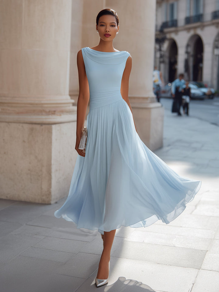 Evangeline | Draped Cowl-Neck Womens Pleated Midi Dress