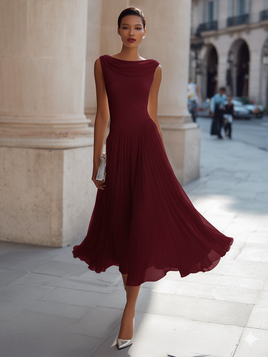 Evangeline | Draped Cowl-Neck Womens Pleated Midi Dress