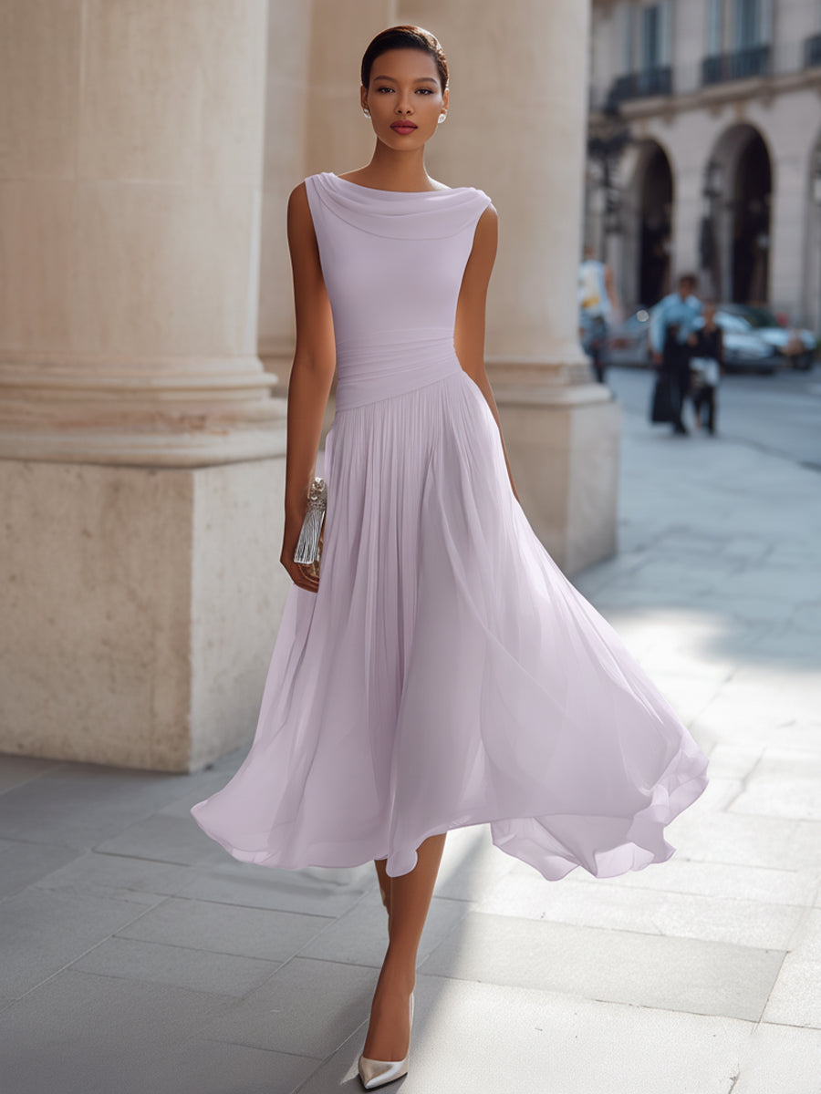 Evangeline | Draped Cowl-Neck Womens Pleated Midi Dress