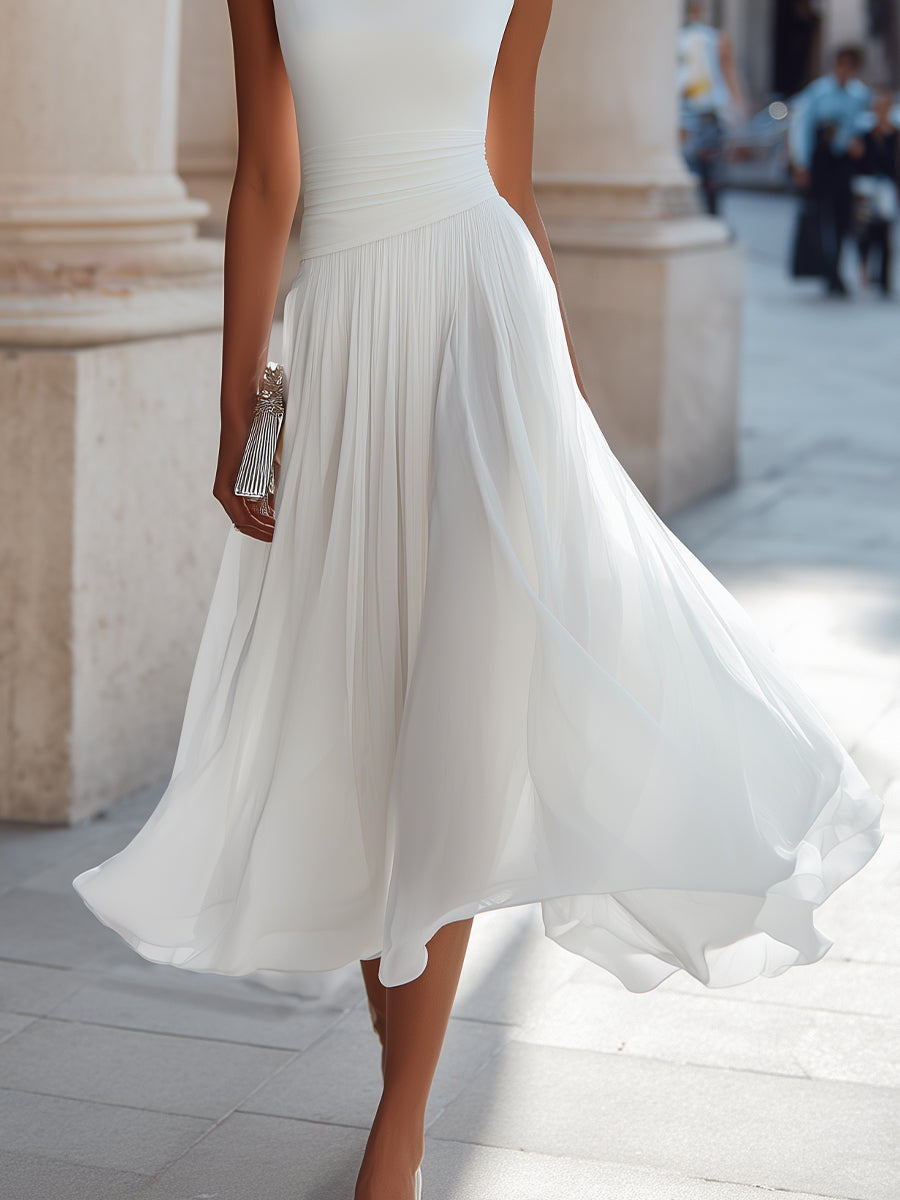 Evangeline | Draped Cowl-Neck Womens Pleated Midi Dress