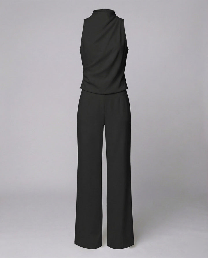Blanche | Draped Turtleneck Sleeveless Jumpsuit with Wide Leg Trousers