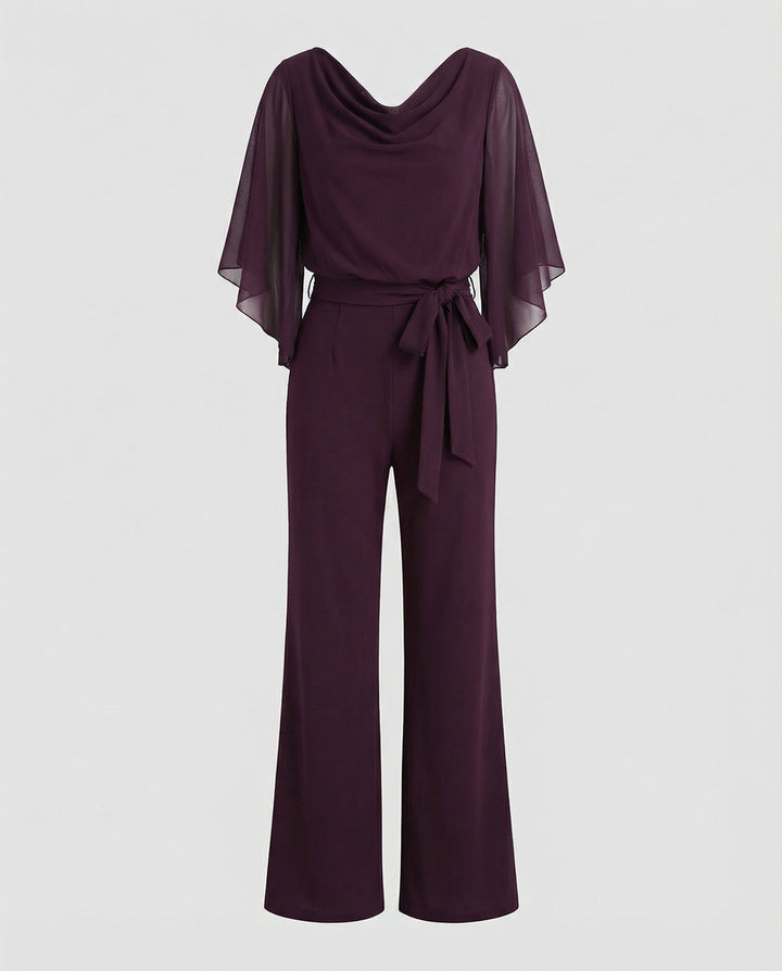 Elodie | Cowl Neck Jersey Jumpsuit with Chiffon Cape Sleeves and Belt