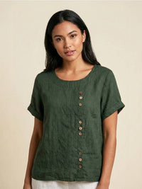 Buttonside | Asymmetric Button Detail Short Sleeve Linen Blouse