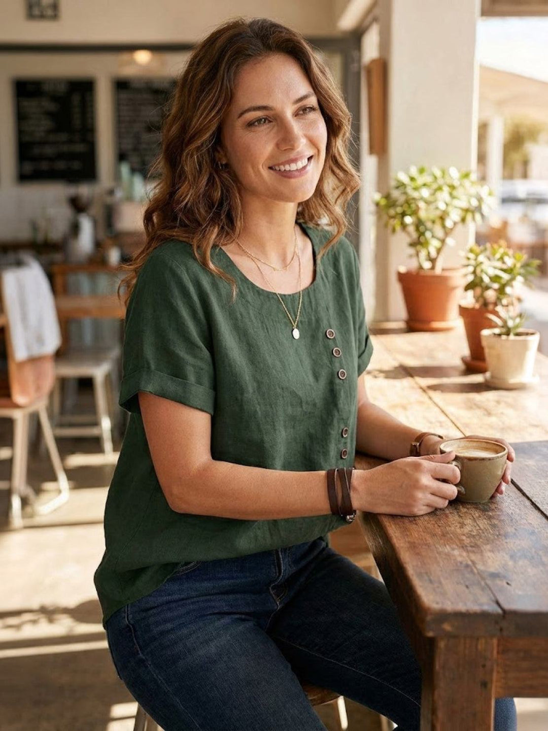 Buttonside | Asymmetric Button Detail Short Sleeve Linen Blouse