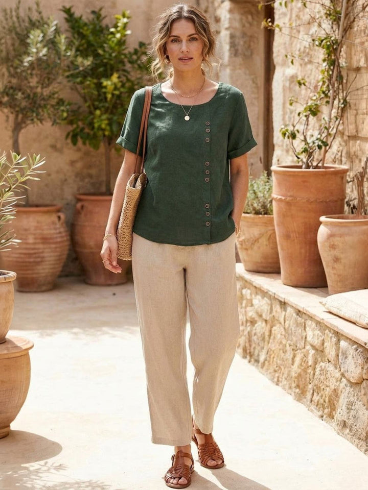 Buttonside | Asymmetric Button Detail Short Sleeve Linen Blouse