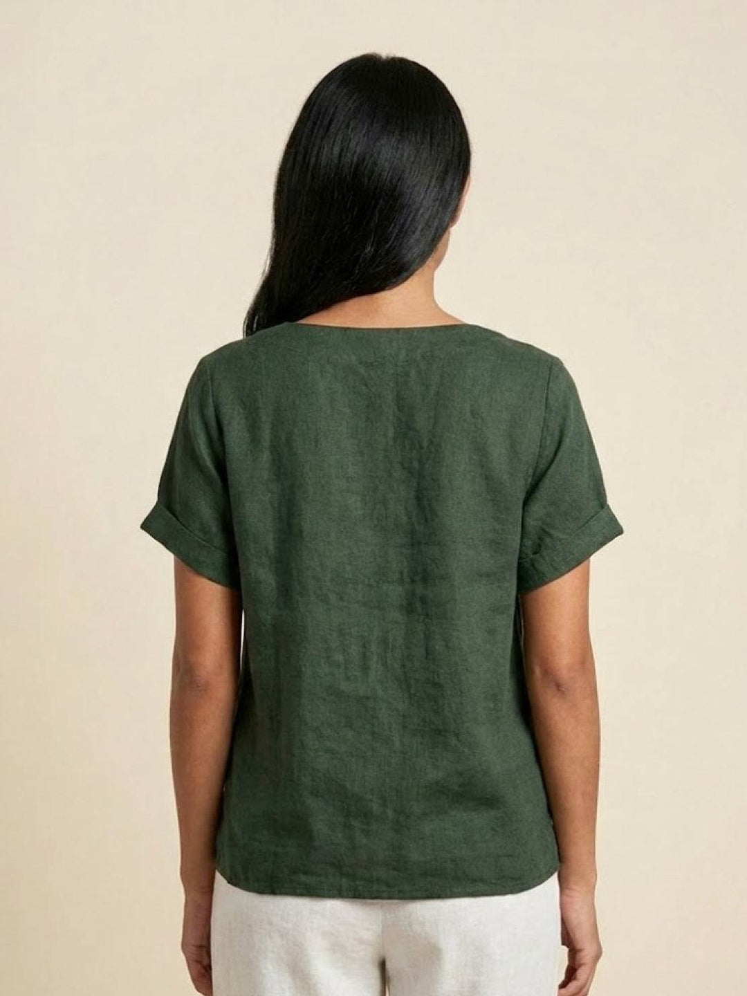 Buttonside | Asymmetric Button Detail Short Sleeve Linen Blouse
