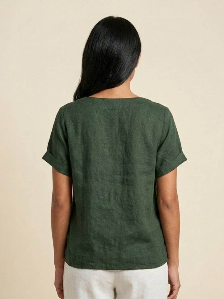 Buttonside | Asymmetric Button Detail Short Sleeve Linen Blouse