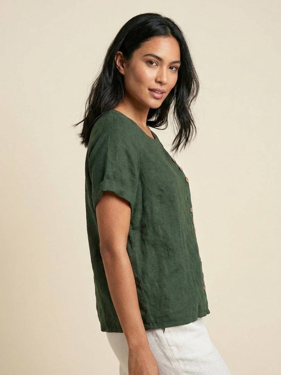 Buttonside | Asymmetric Button Detail Short Sleeve Linen Blouse