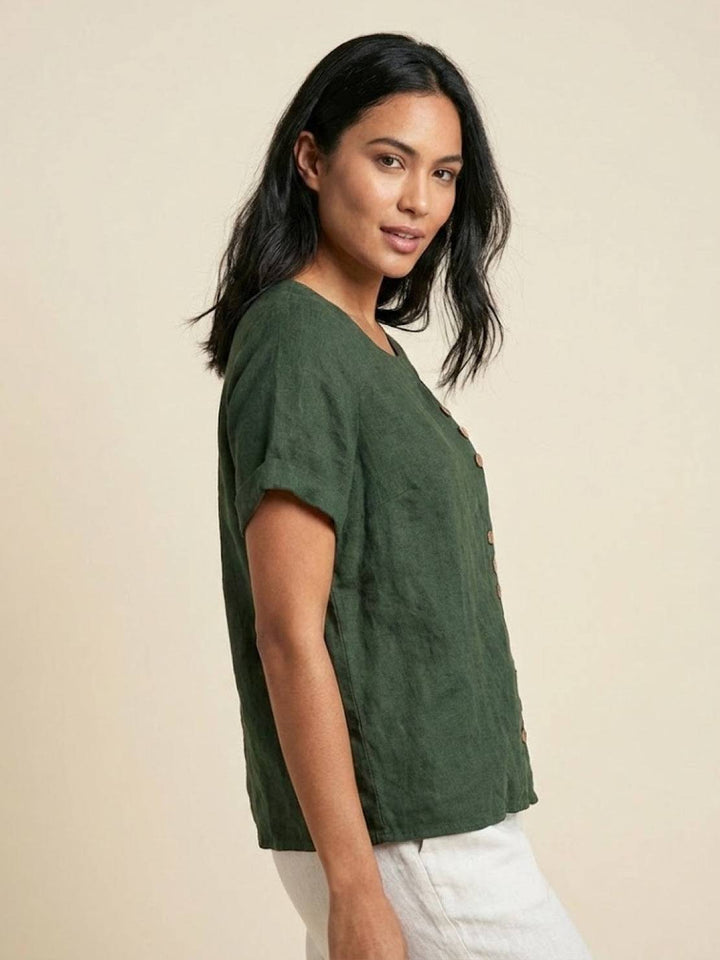 Buttonside | Asymmetric Button Detail Short Sleeve Linen Blouse