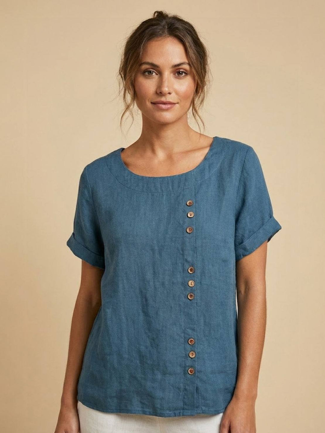 Buttonside | Asymmetric Button Detail Short Sleeve Linen Blouse