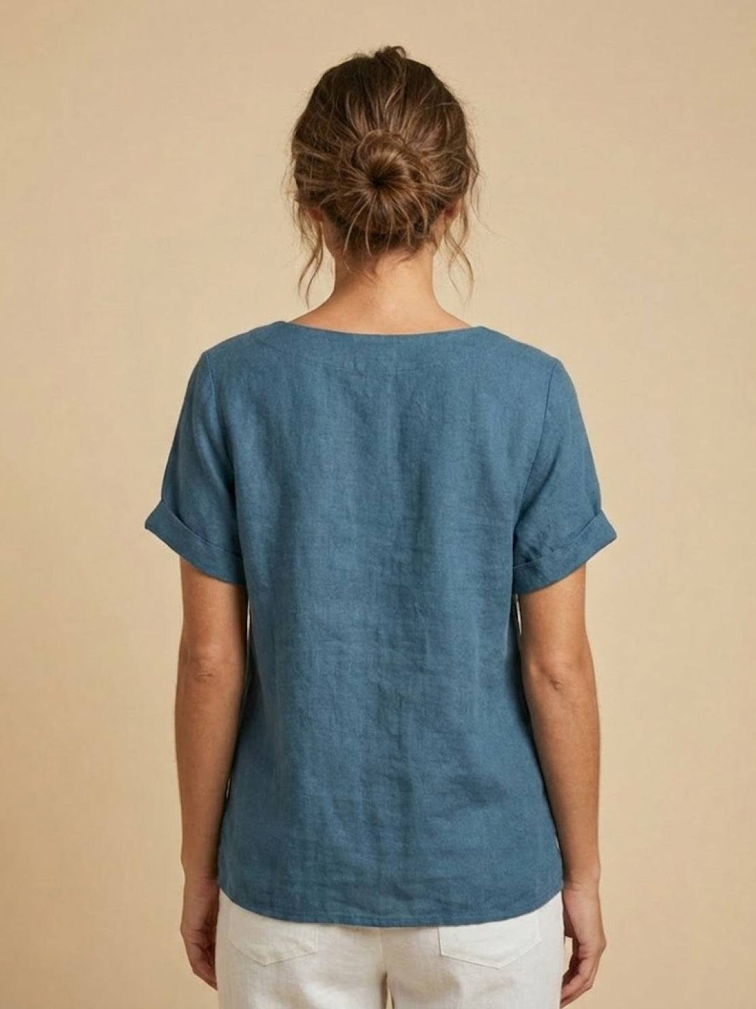 Buttonside | Asymmetric Button Detail Short Sleeve Linen Blouse