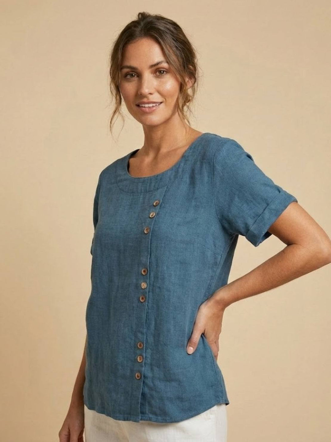 Buttonside | Asymmetric Button Detail Short Sleeve Linen Blouse