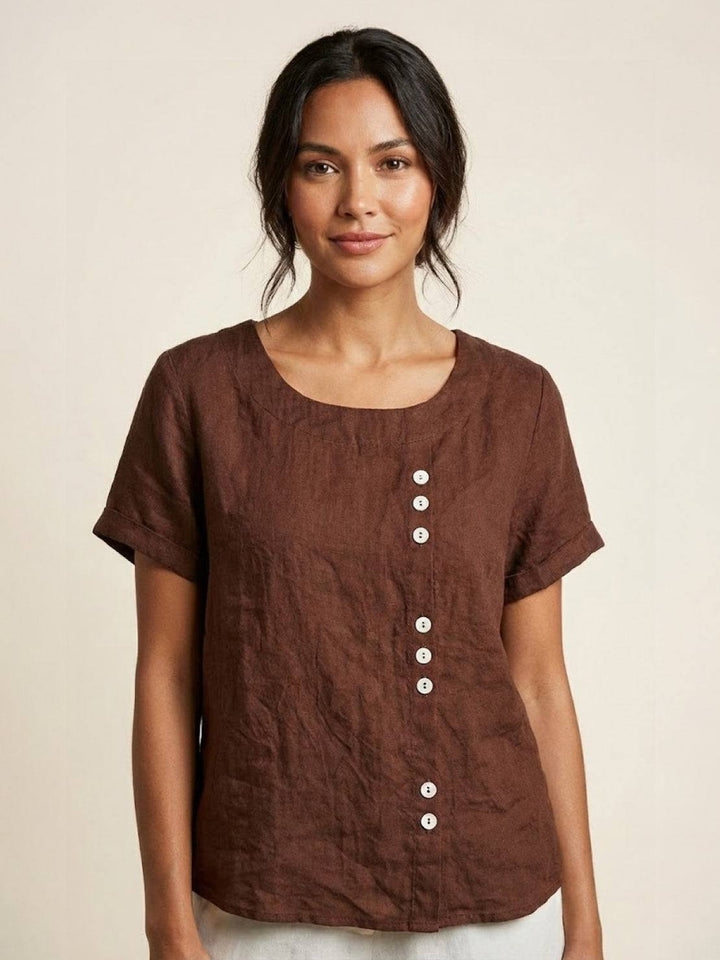 Buttonside | Asymmetric Button Detail Short Sleeve Linen Blouse