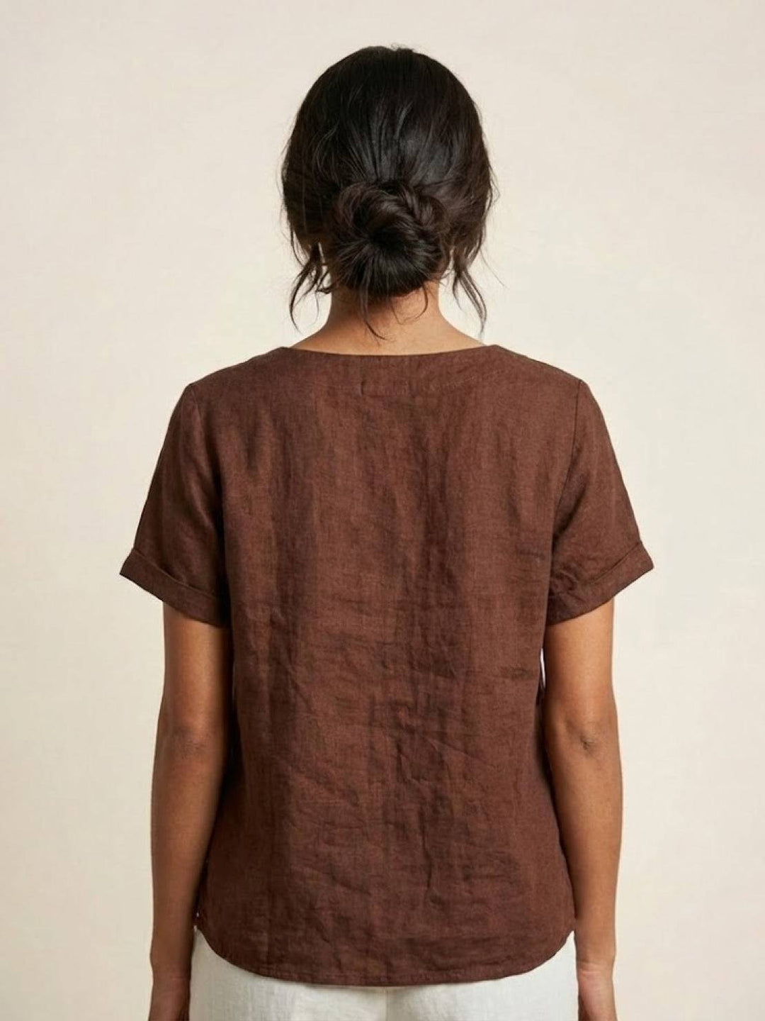 Buttonside | Asymmetric Button Detail Short Sleeve Linen Blouse
