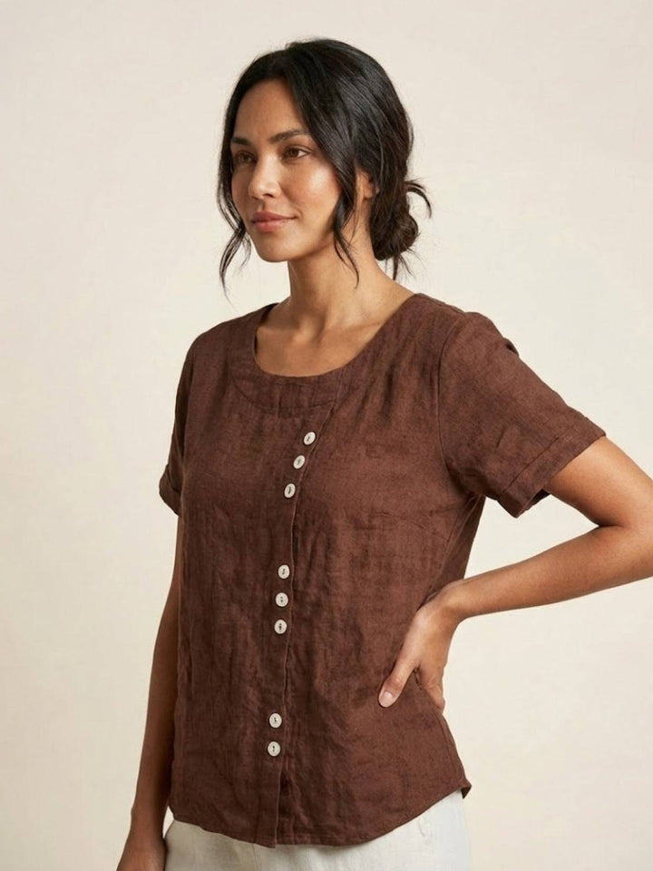 Buttonside | Asymmetric Button Detail Short Sleeve Linen Blouse