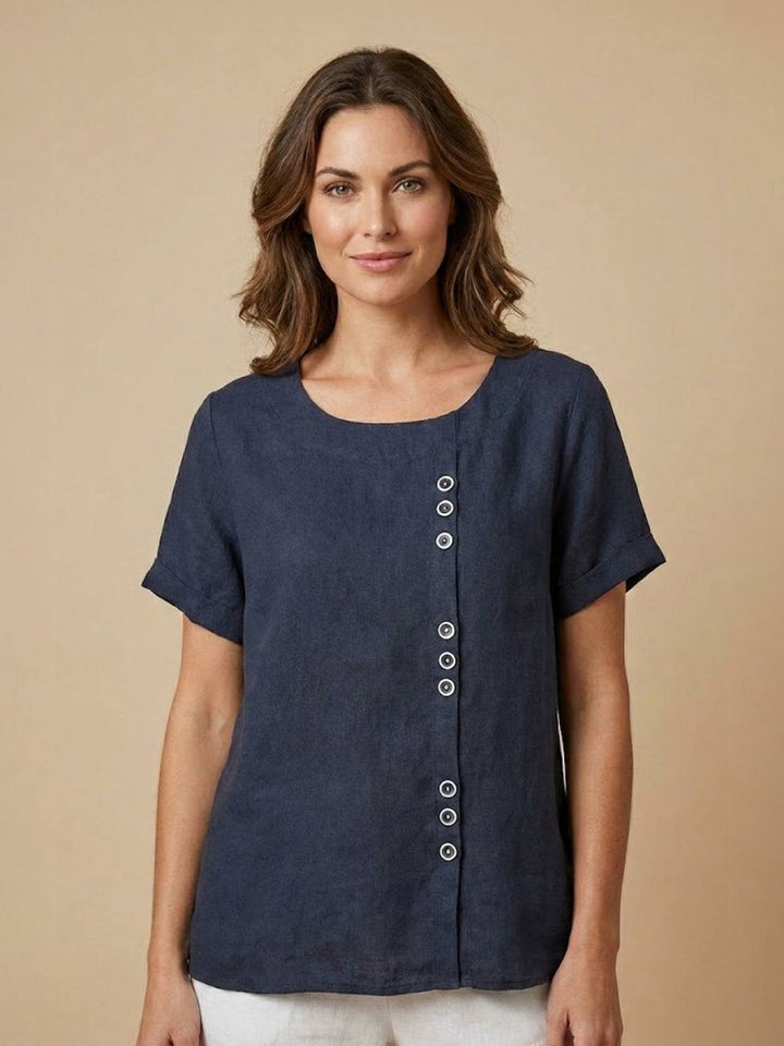 Buttonside | Asymmetric Button Detail Short Sleeve Linen Blouse