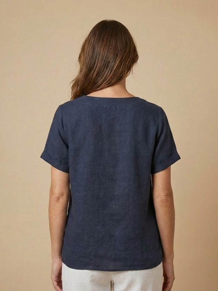 Buttonside | Asymmetric Button Detail Short Sleeve Linen Blouse