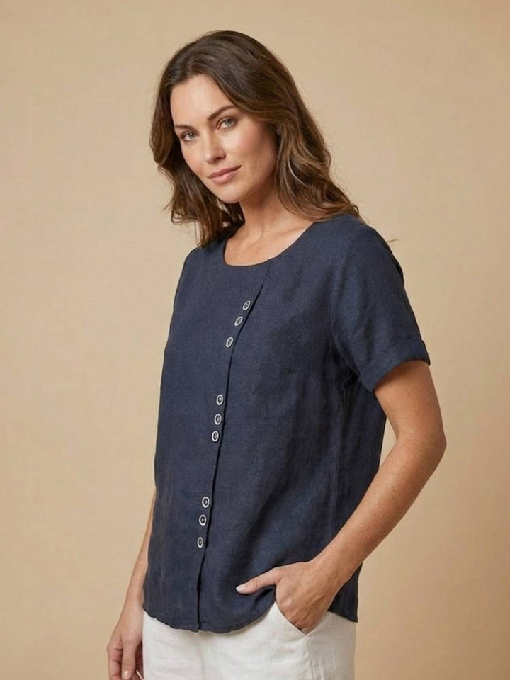 Buttonside | Asymmetric Button Detail Short Sleeve Linen Blouse