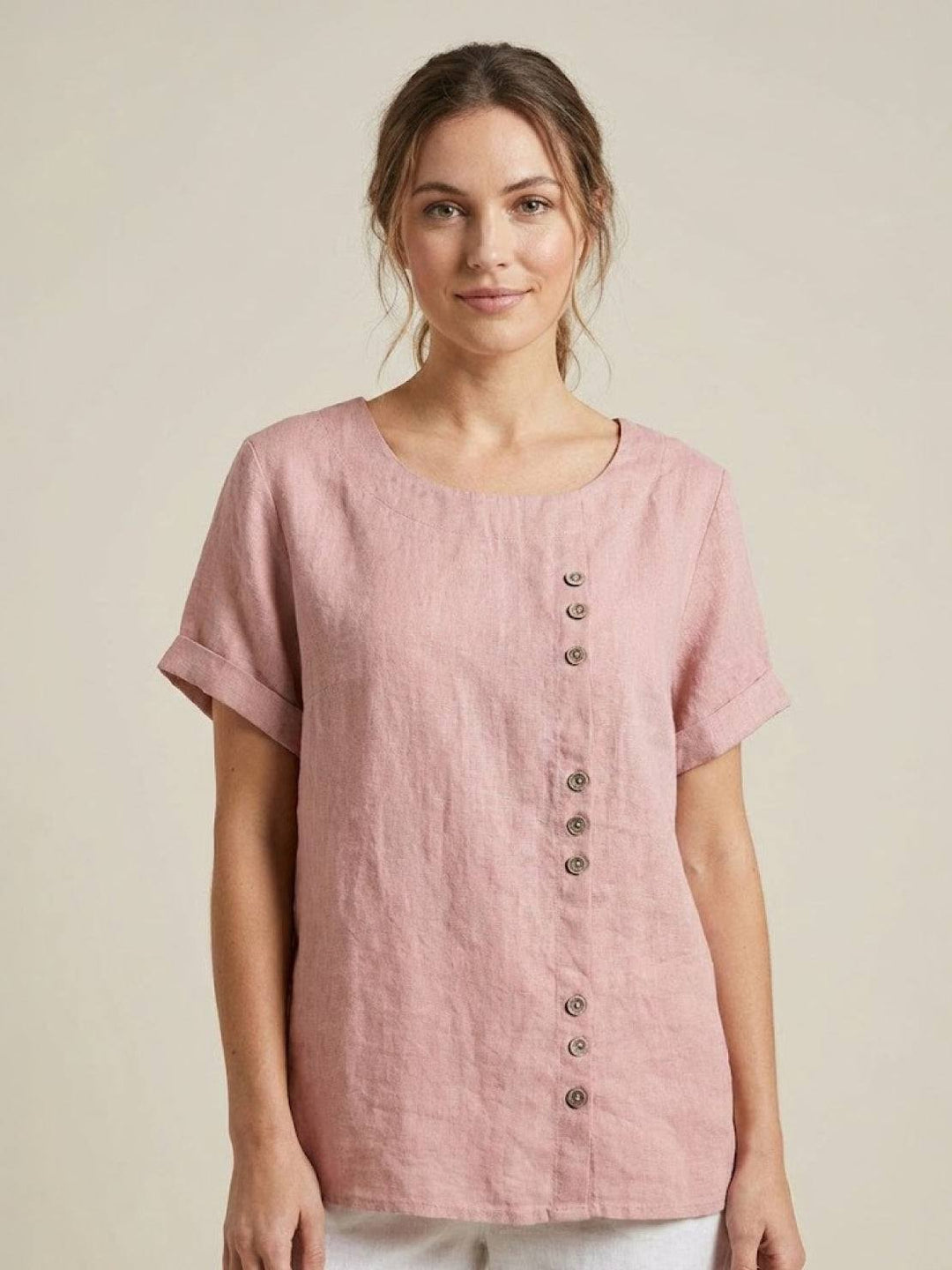 Buttonside | Asymmetric Button Detail Short Sleeve Linen Blouse