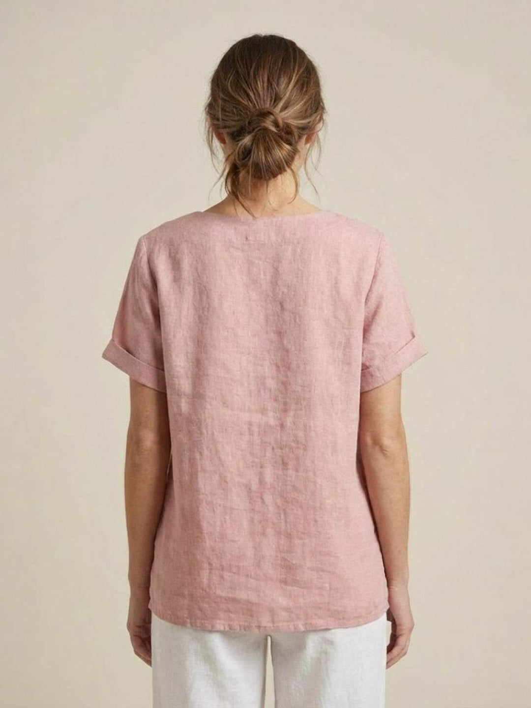 Buttonside | Asymmetric Button Detail Short Sleeve Linen Blouse