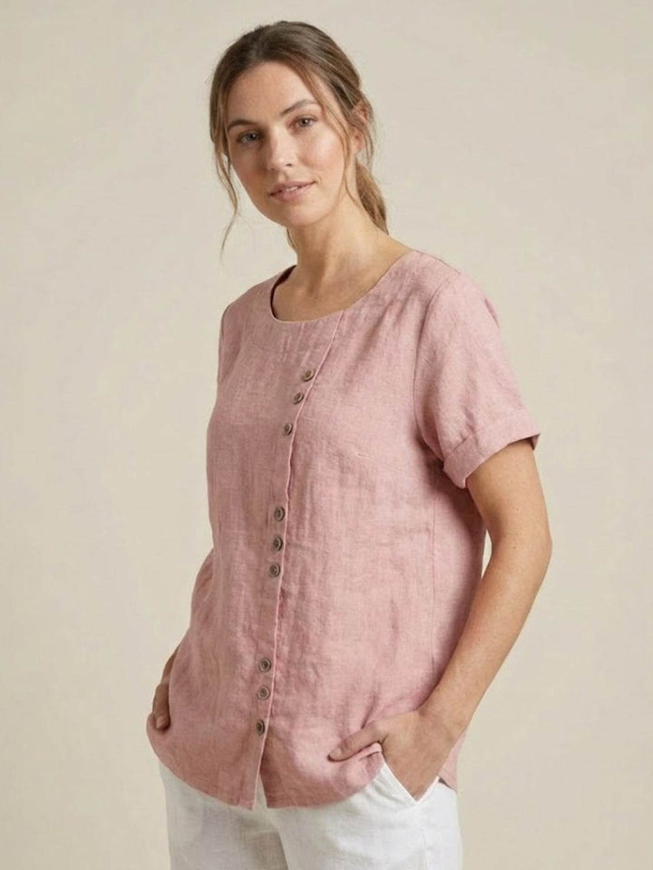 Buttonside | Asymmetric Button Detail Short Sleeve Linen Blouse