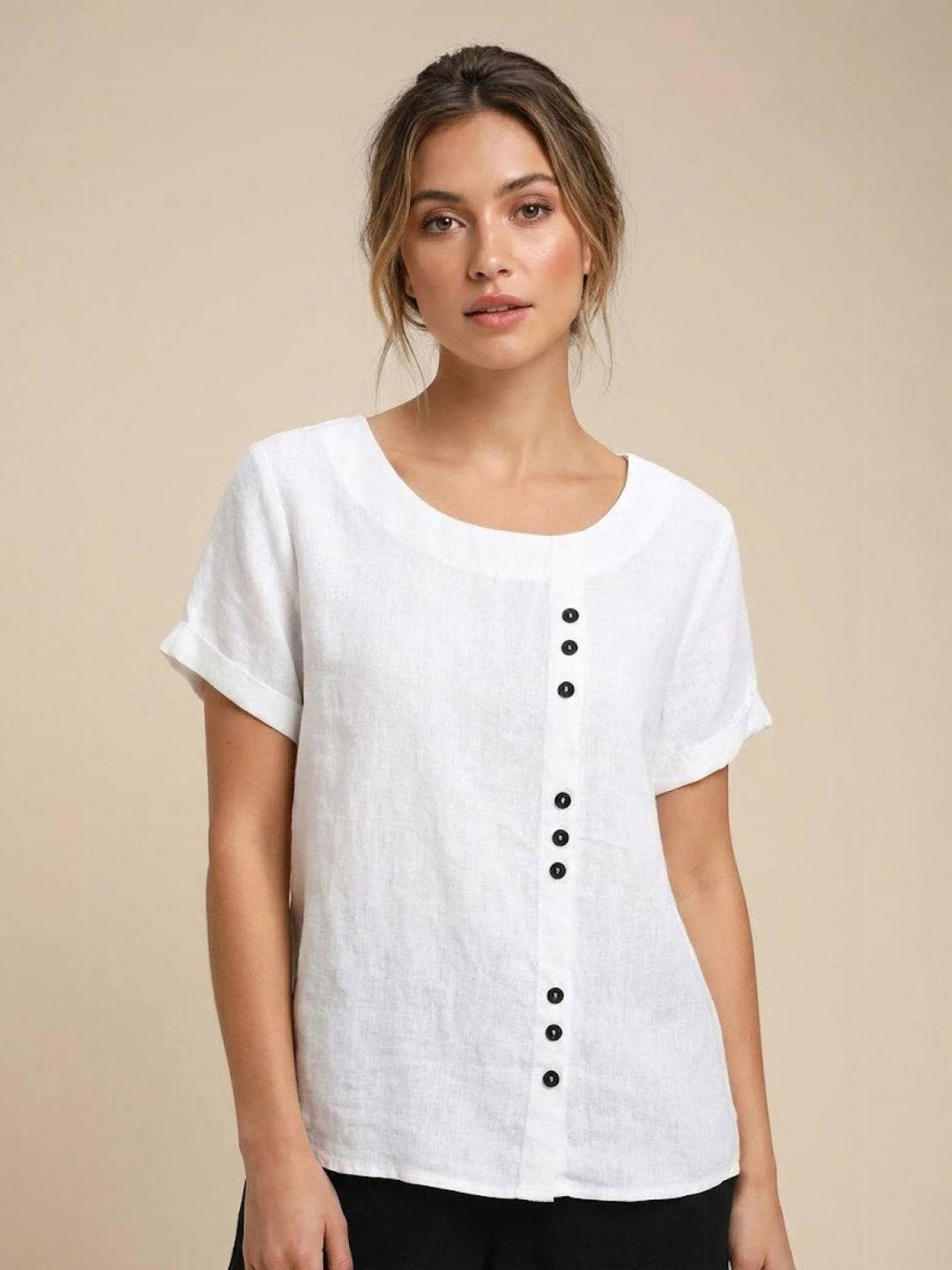 Buttonside | Asymmetric Button Detail Short Sleeve Linen Blouse
