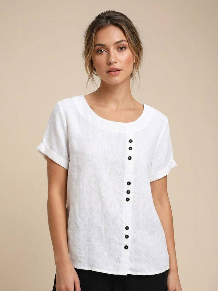 Buttonside | Asymmetric Button Detail Short Sleeve Linen Blouse