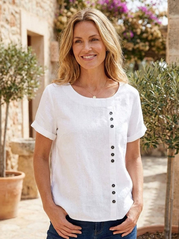 Buttonside | Asymmetric Button Detail Short Sleeve Linen Blouse