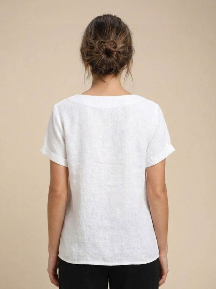 Buttonside | Asymmetric Button Detail Short Sleeve Linen Blouse