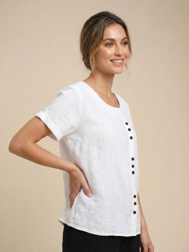 Buttonside | Asymmetric Button Detail Short Sleeve Linen Blouse