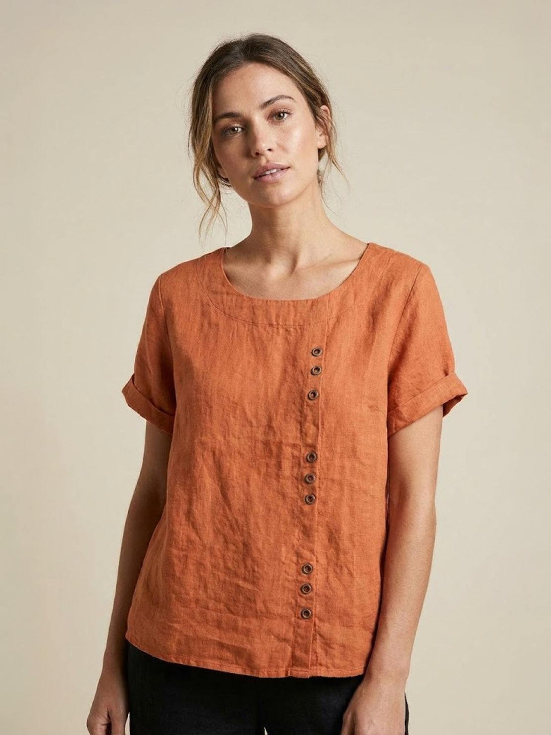 Buttonside | Asymmetric Button Detail Short Sleeve Linen Blouse