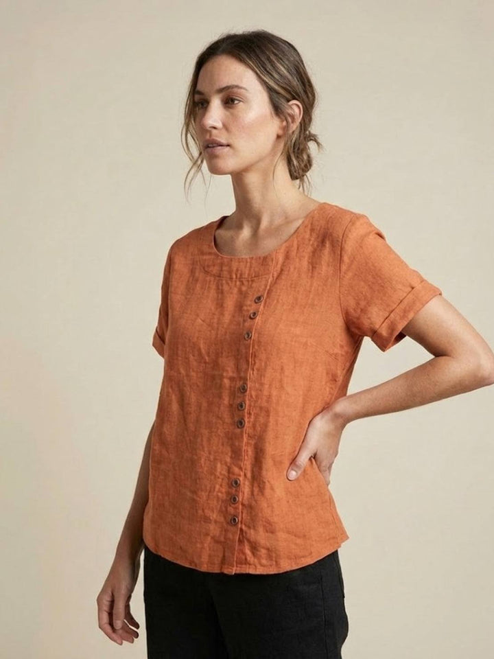 Buttonside | Asymmetric Button Detail Short Sleeve Linen Blouse