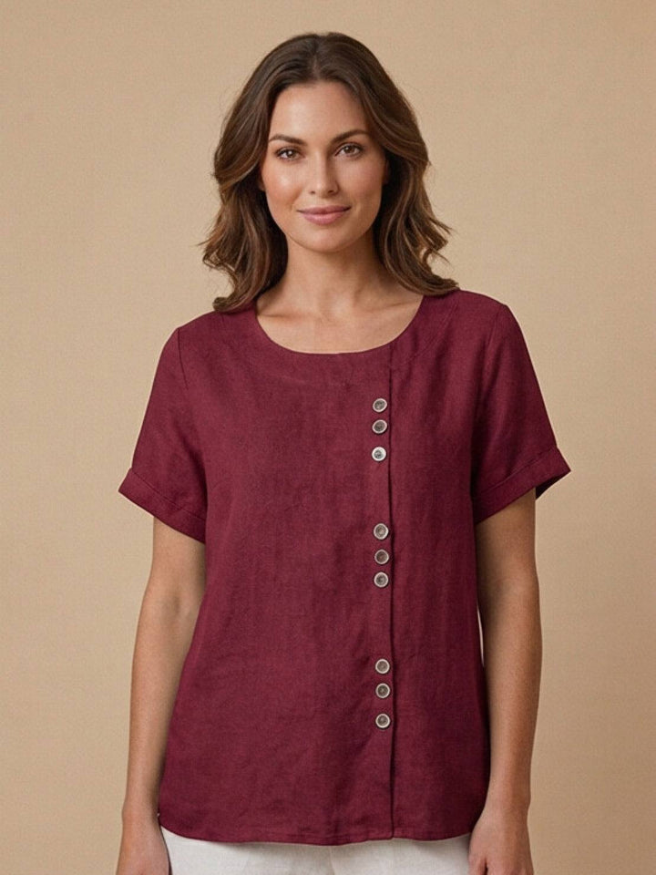 Buttonside | Asymmetric Button Detail Short Sleeve Linen Blouse