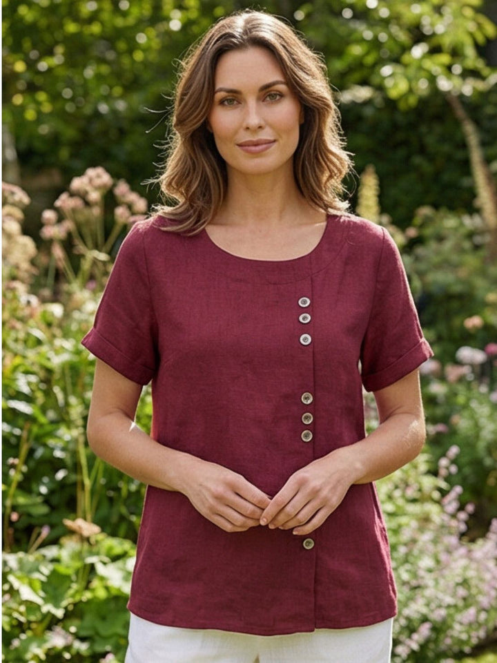 Buttonside | Asymmetric Button Detail Short Sleeve Linen Blouse