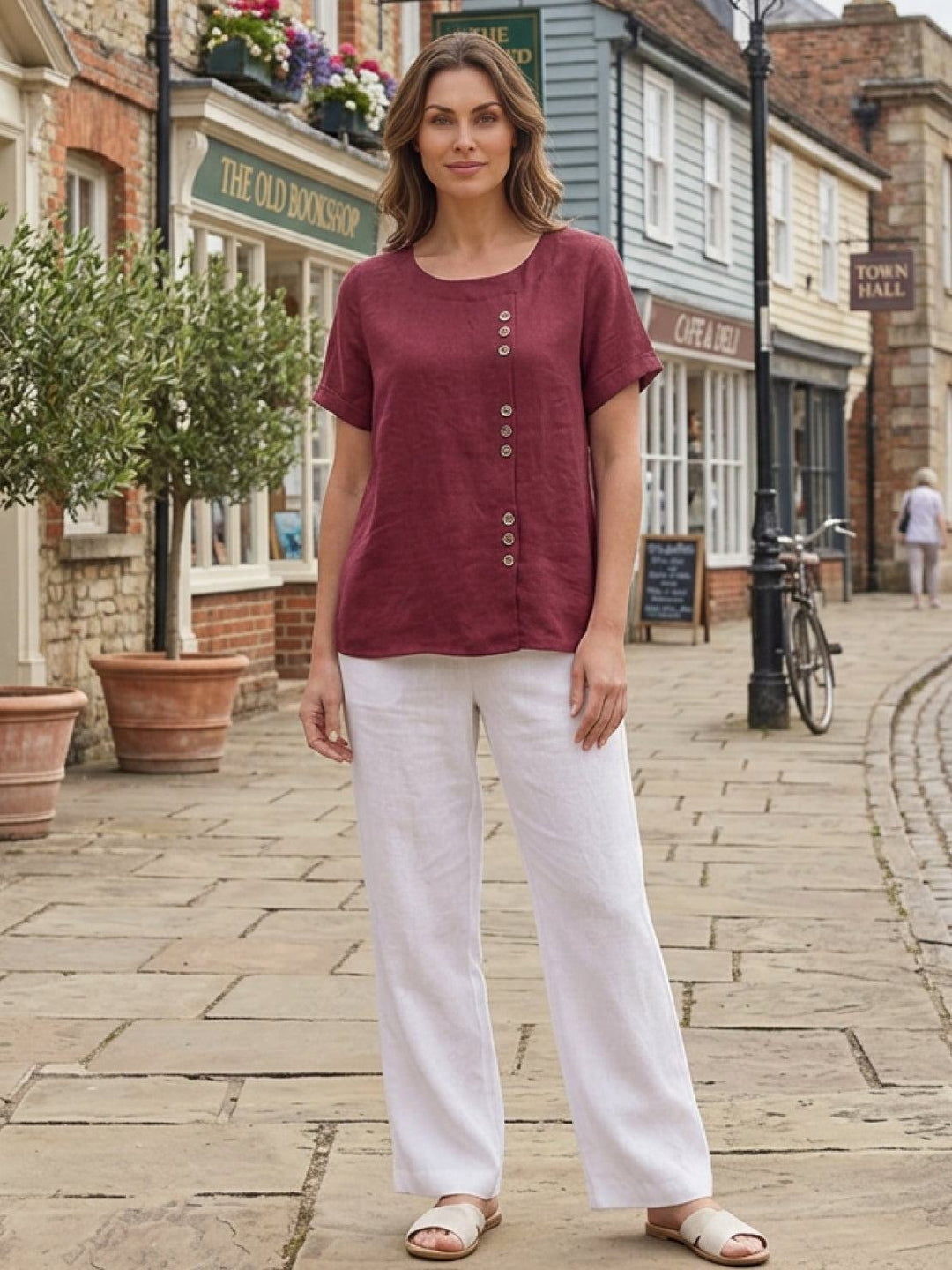 Buttonside | Asymmetric Button Detail Short Sleeve Linen Blouse