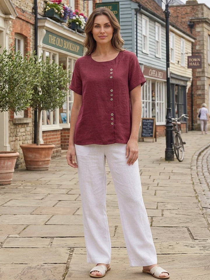 Buttonside | Asymmetric Button Detail Short Sleeve Linen Blouse