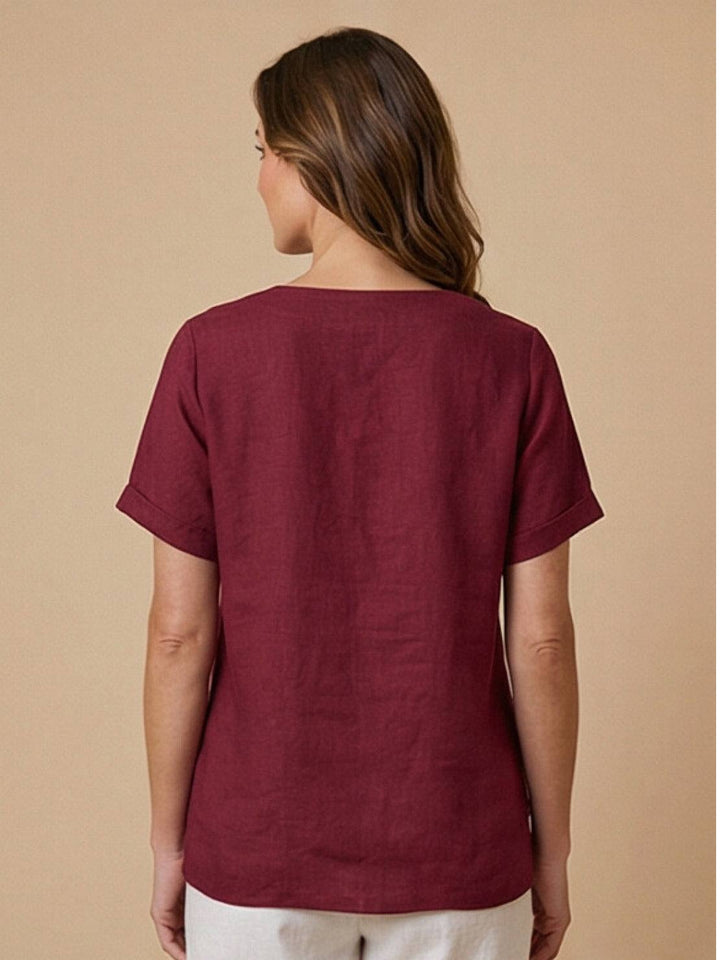Buttonside | Asymmetric Button Detail Short Sleeve Linen Blouse