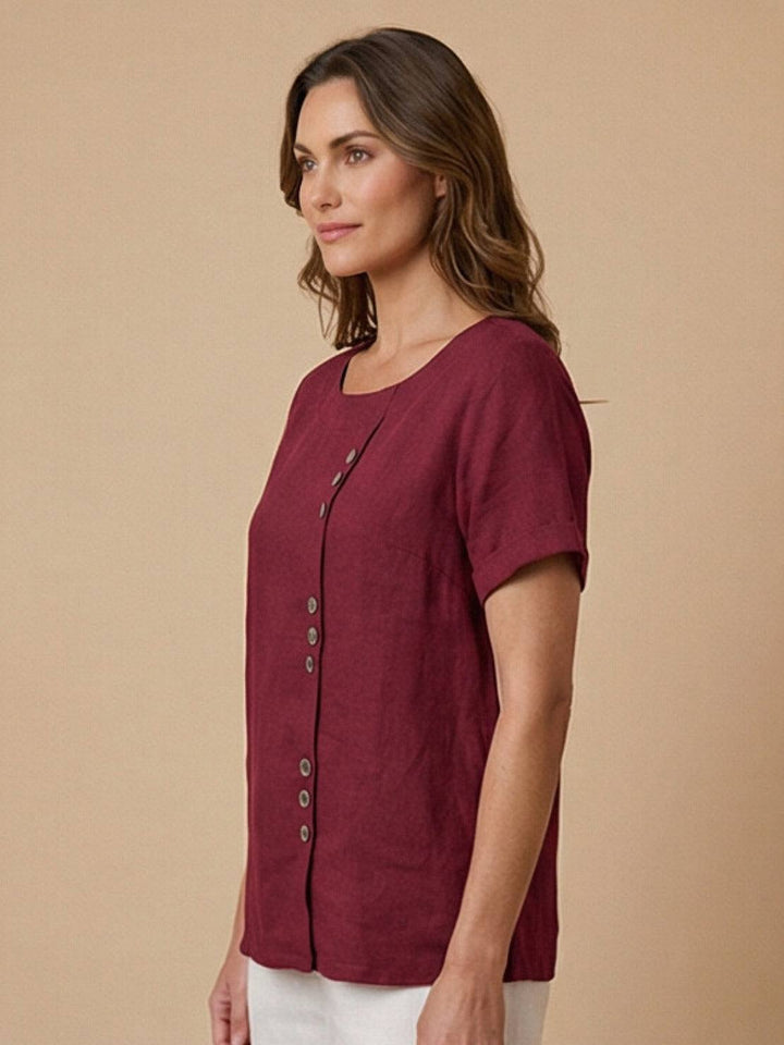 Buttonside | Asymmetric Button Detail Short Sleeve Linen Blouse